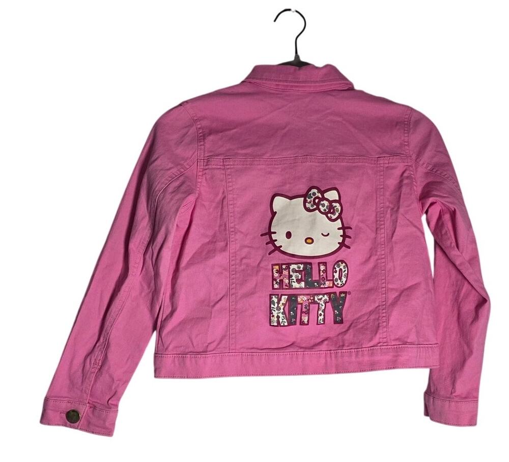 Hello Kitty Girls Denim Jacket Size 10 Pink Patch Snap Button Closure KidCore